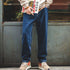 Retro 12.8oz washed denim jeans, men’s loose straight baggy trousers, zipper fly, dark blue.